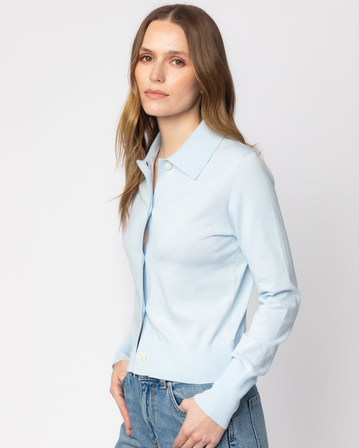 The Halsey Cotton Polo Sweater in pale blue, additional view — State of Cotton NYC