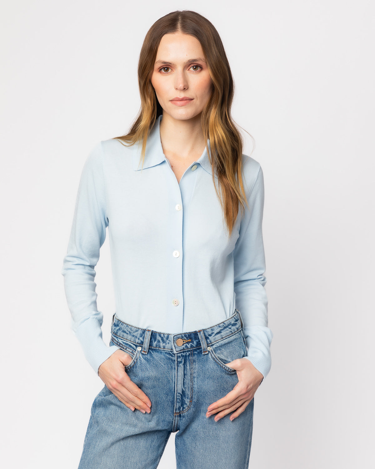 The Halsey Cotton Polo Sweater in pale blue, additional view — State of Cotton NYC