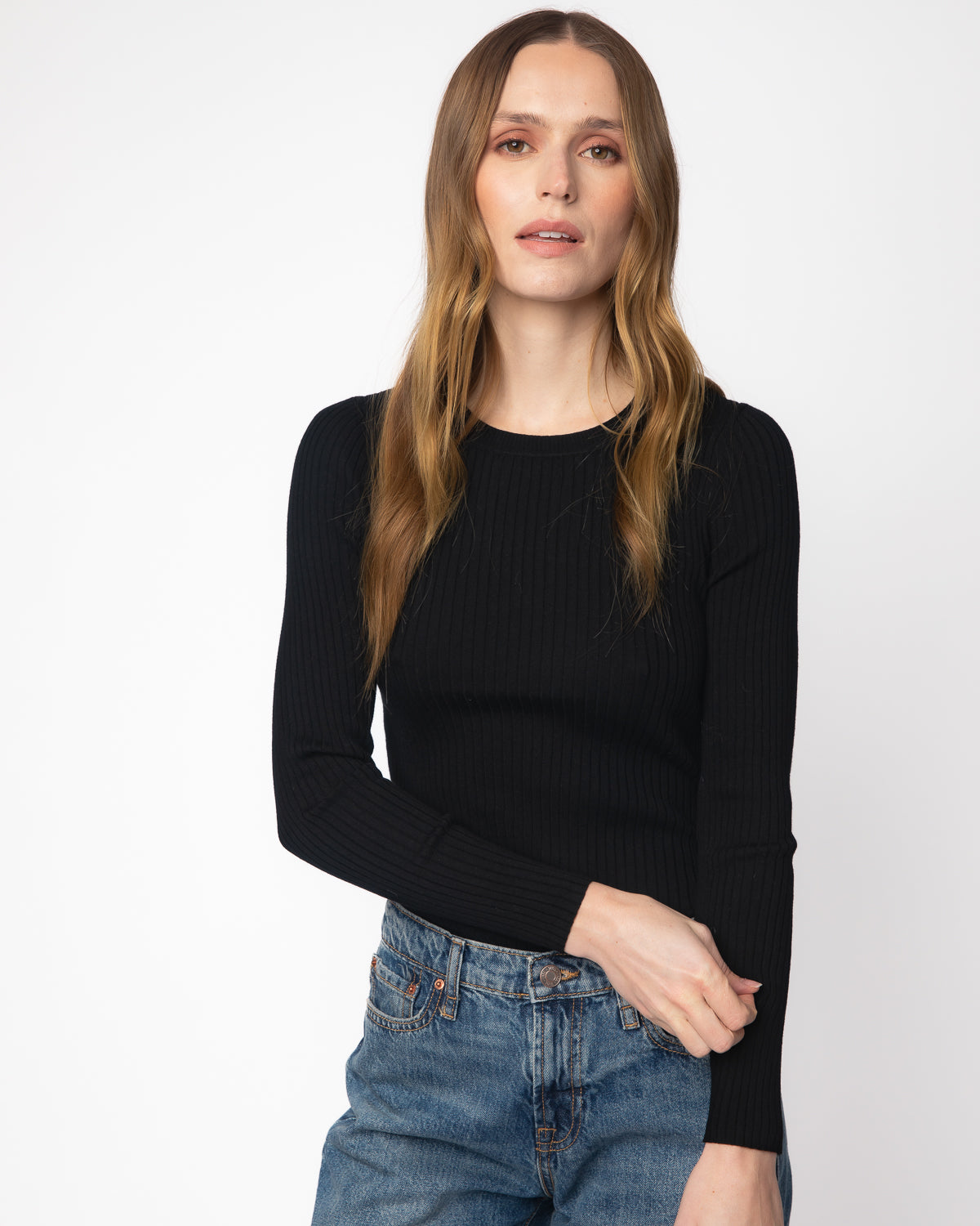 The Surrey Cotton Crewneck Sweater in black, front view — State of Cotton NYC