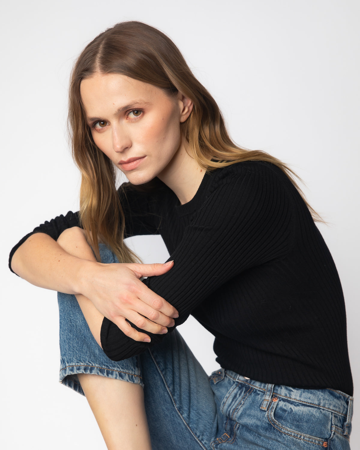 The Surrey Cotton Crewneck Sweater in black, styled view — State of Cotton NYC