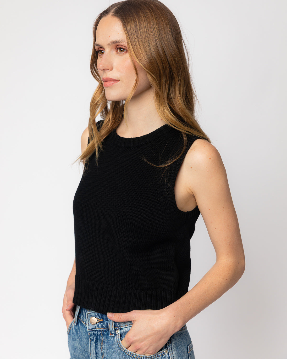 The Hayden Sleeveless Cotton Sweater in black, additional view — State of Cotton NYC