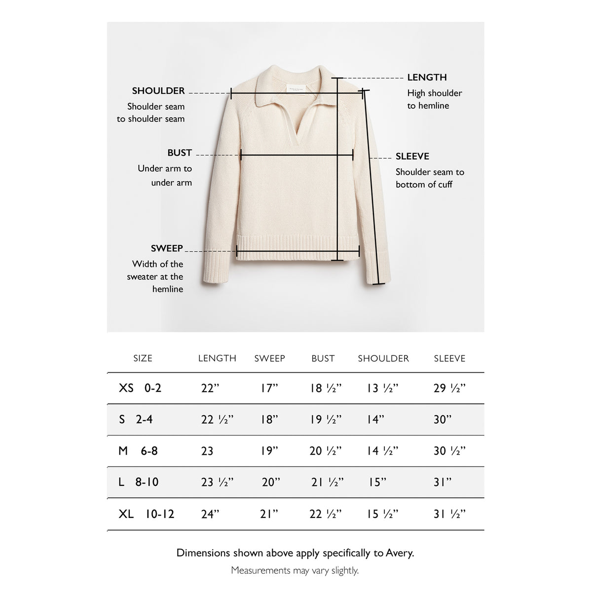 Size chart for The Avery Cotton Polo Sweater — State of Cotton NYC