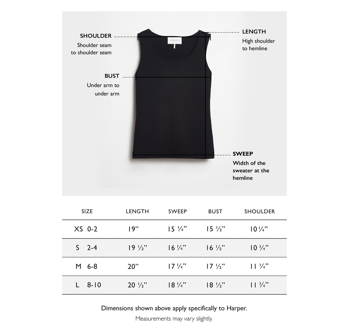 Size chart for The Harper Cotton Sweater Tank — State of Cotton NYC