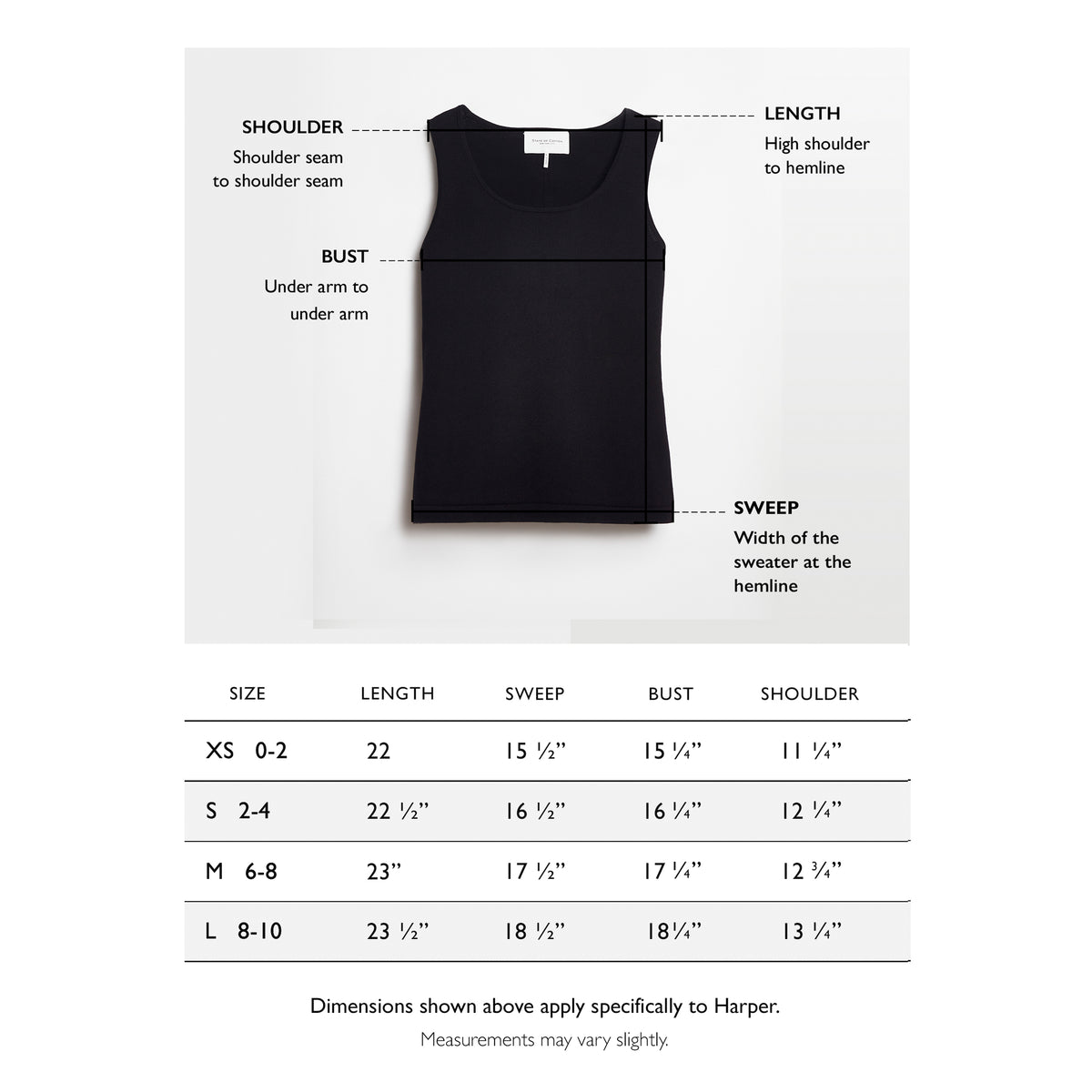 Size chart for The Harper Cotton Sweater Tank — State of Cotton NYC