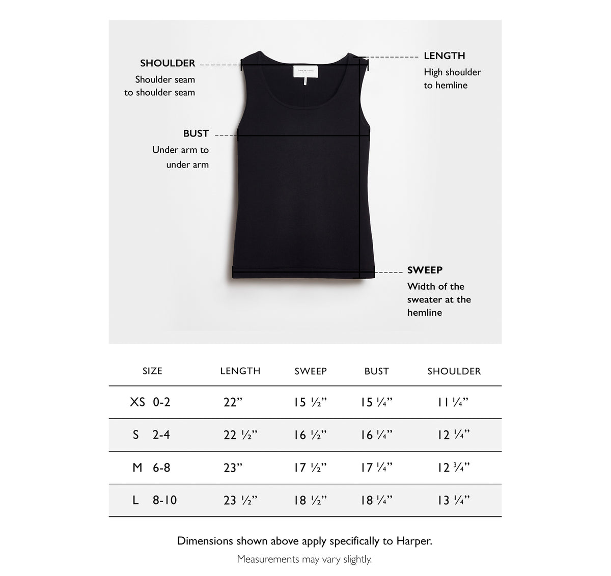 Size chart for The Harper Cotton Sweater Tank — State of Cotton NYC