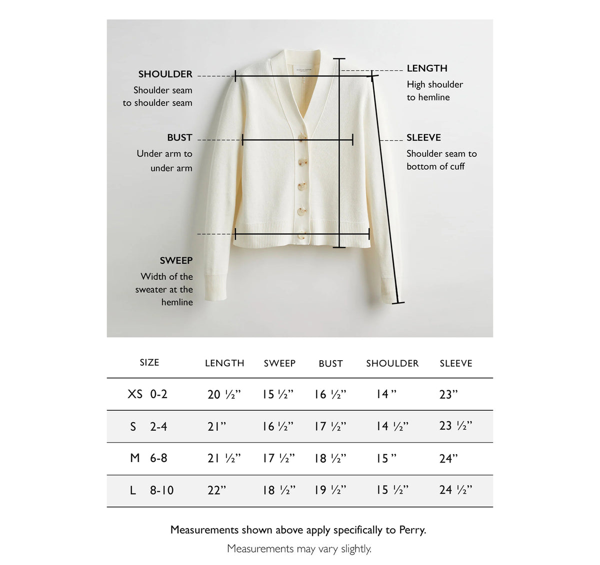 Size chart for The Perry Tipped Cotton Cardigan — State of Cotton NYC
