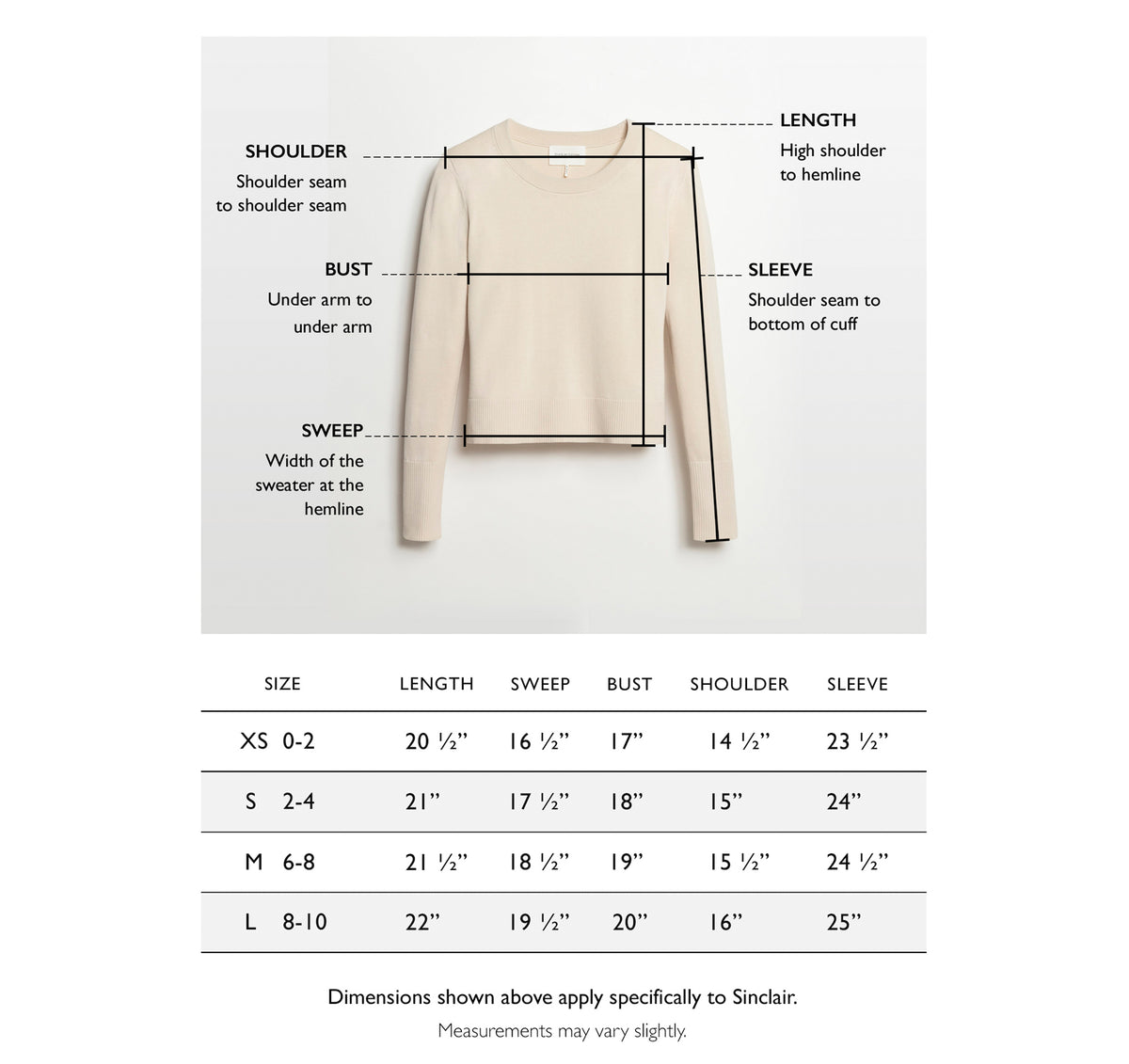 Size chart for The Sinclair Cotton Crewneck Sweater — State of Cotton NYC