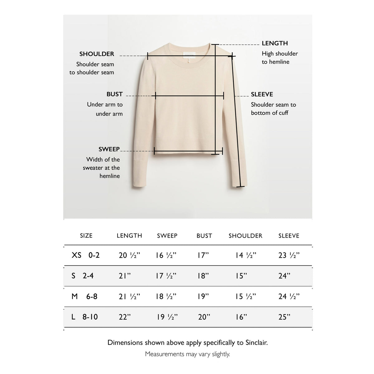 Size chart for The Sinclair Cotton Crewneck Sweater — State of Cotton NYC