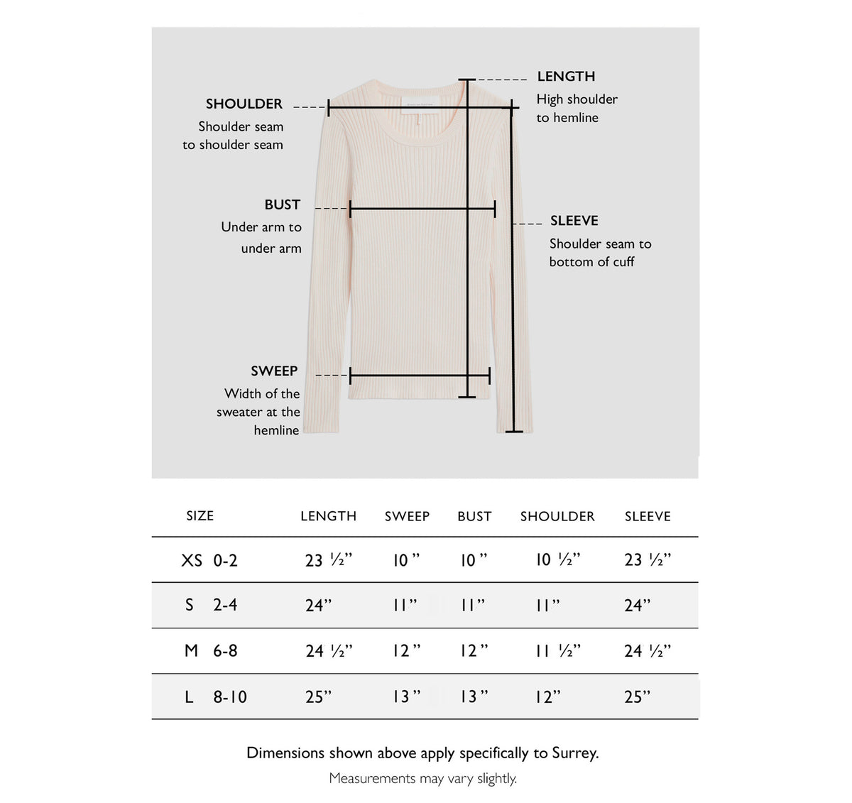 Size chart for The Surrey Cotton Crewneck Sweater — State of Cotton NYC