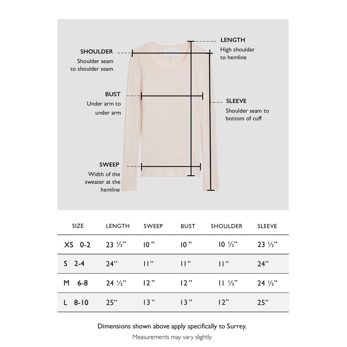 Size chart for The Surrey Cotton Crewneck Sweater — State of Cotton NYC