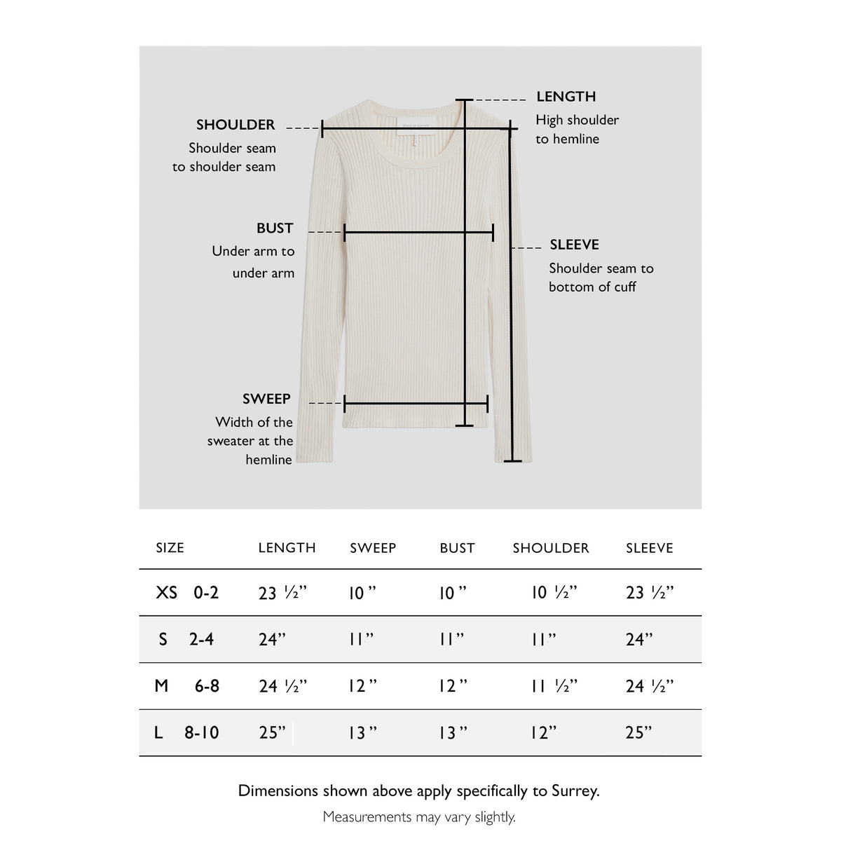 Size chart for The Surrey Cotton Crewneck Sweater — State of Cotton NYC