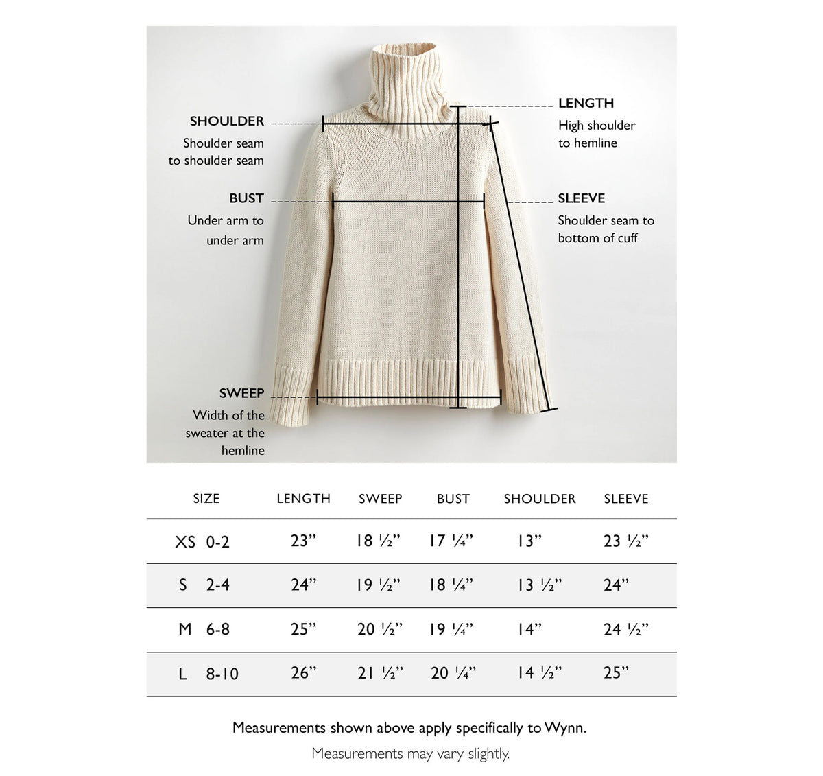 Size chart for The Wynn Stripe Cotton Turtleneck Sweater — State of Cotton NYC