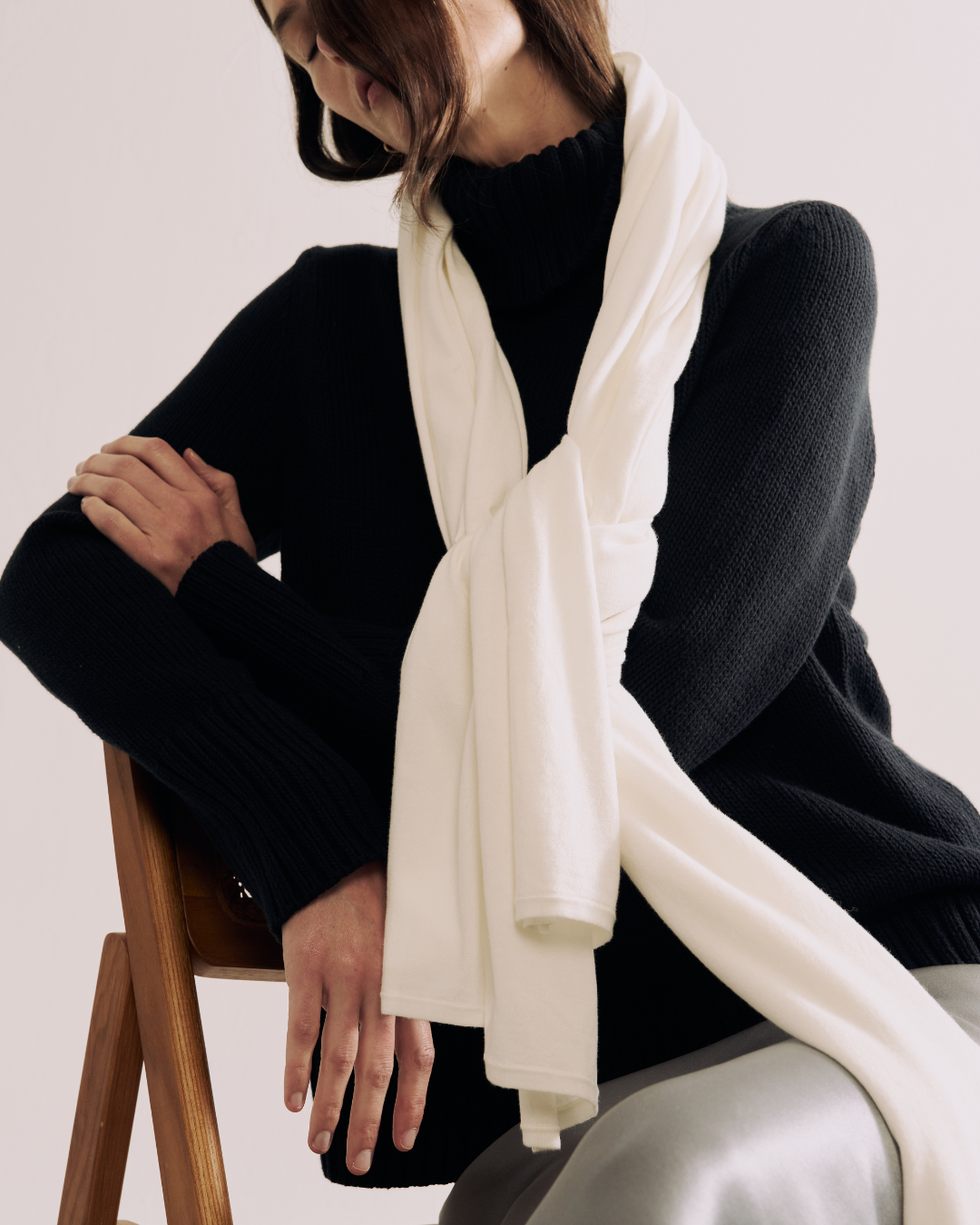 Detail shot of The Tilly Superfine Cotton Wrap in cream — Egyptian cotton, Italian-spun