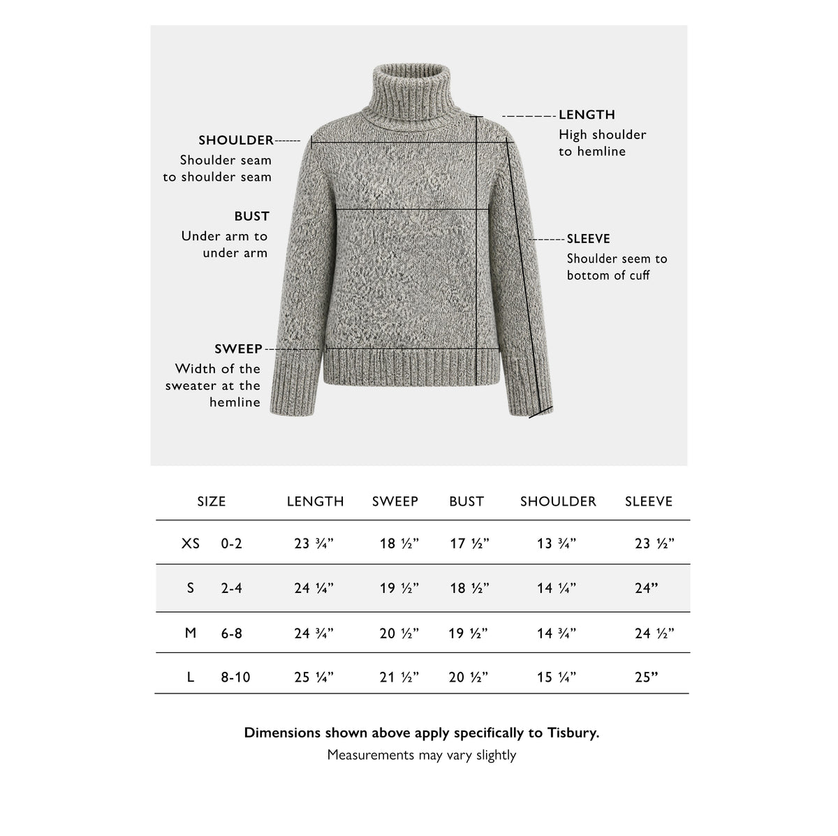 The Tisbury Mélange Turtleneck size chart — garment measurements for XS, S, M and L