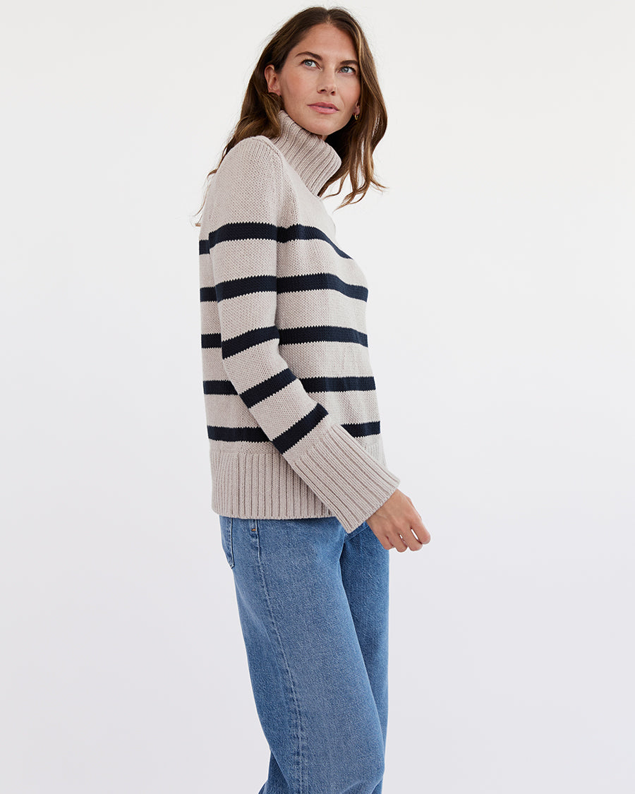 The Wynn Stripe Cotton Turtleneck Sweater in oat and navy, additional view — State of Cotton NYC