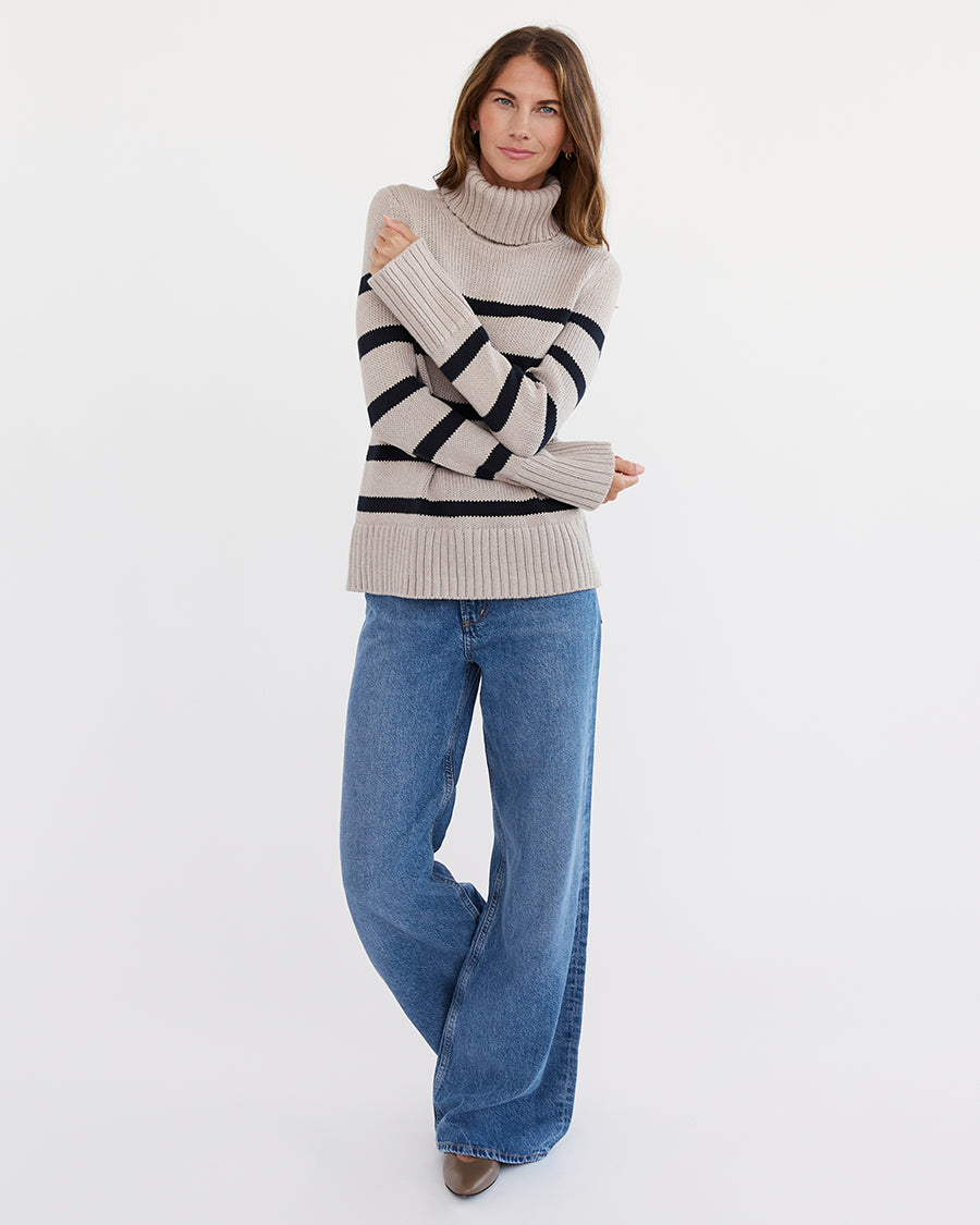 The Wynn Stripe Cotton Turtleneck Sweater in oat and navy, additional view — State of Cotton NYC