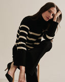 Detail shot of The Wynn Stripe Cotton Turtleneck Sweater in black — Turkish cotton