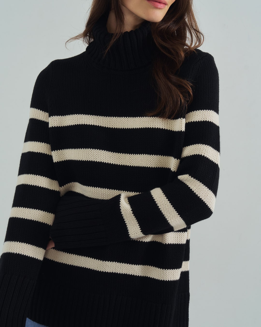 The Wynn Stripe Cotton Turtleneck Sweater in black and ivory, alternate view — State of Cotton NYC