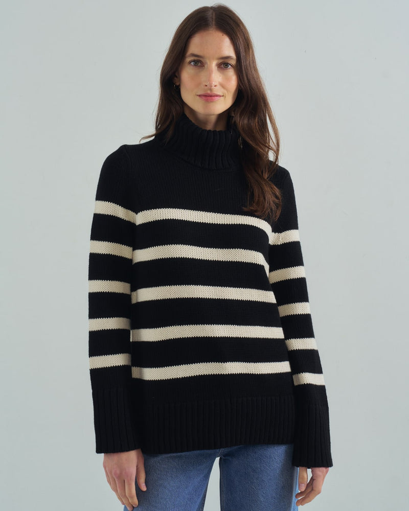 The Wynn Stripe Cotton Turtleneck Sweater in black and ivory — Turkish cotton, Italian-spun — State of Cotton NYC
