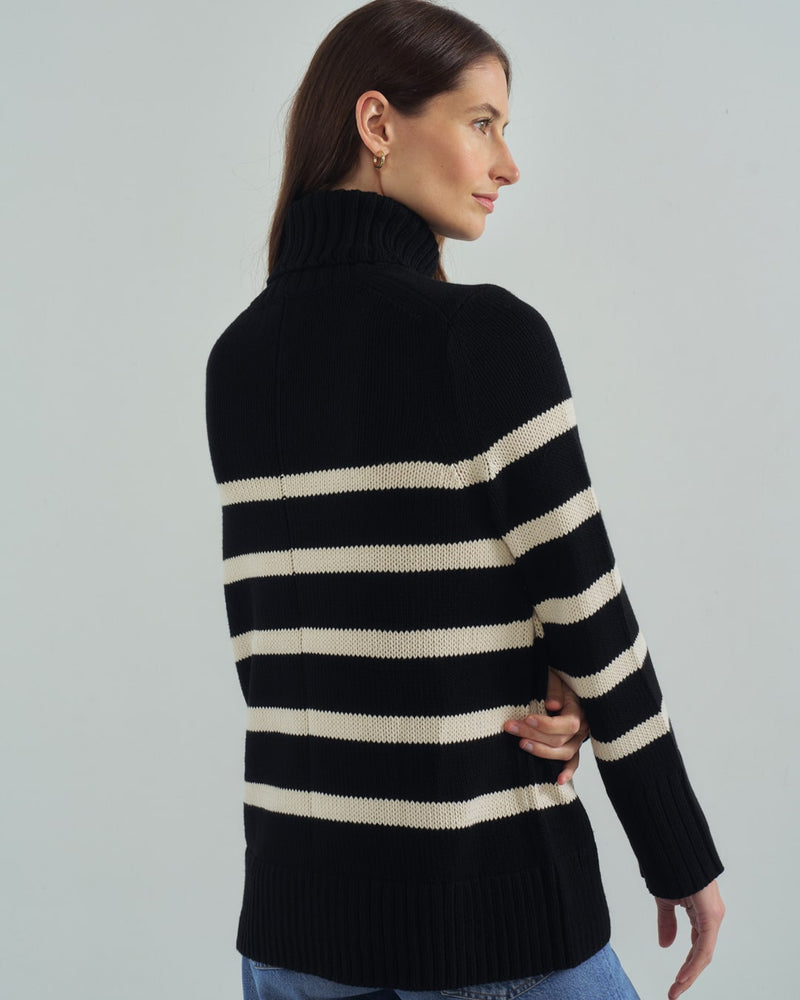 Detail shot of The Wynn Stripe Cotton Turtleneck Sweater — Turkish cotton, Italian-spun
