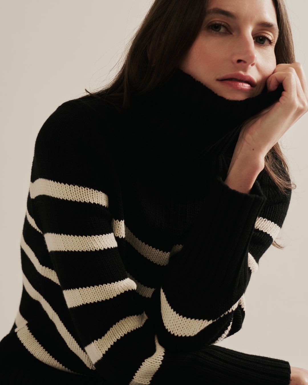Woman wearing The Wynn Stripe Cotton Turtleneck Sweater — State of Cotton NYC