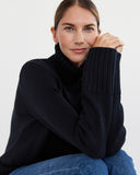 The Wynn Cotton Turtleneck Sweater in navy, detail view — Italian-spun Turkish cotton — State of Cotton NYC