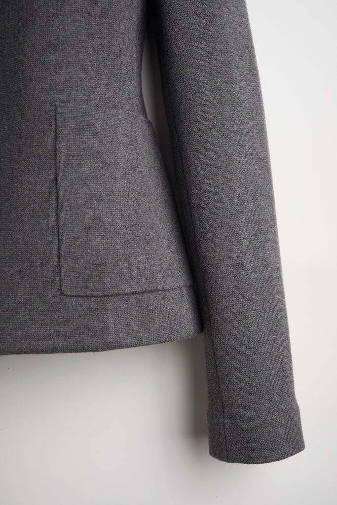 Detail shot of The Beale Cotton Cardigan Blazer in heather grey — organic American cotton