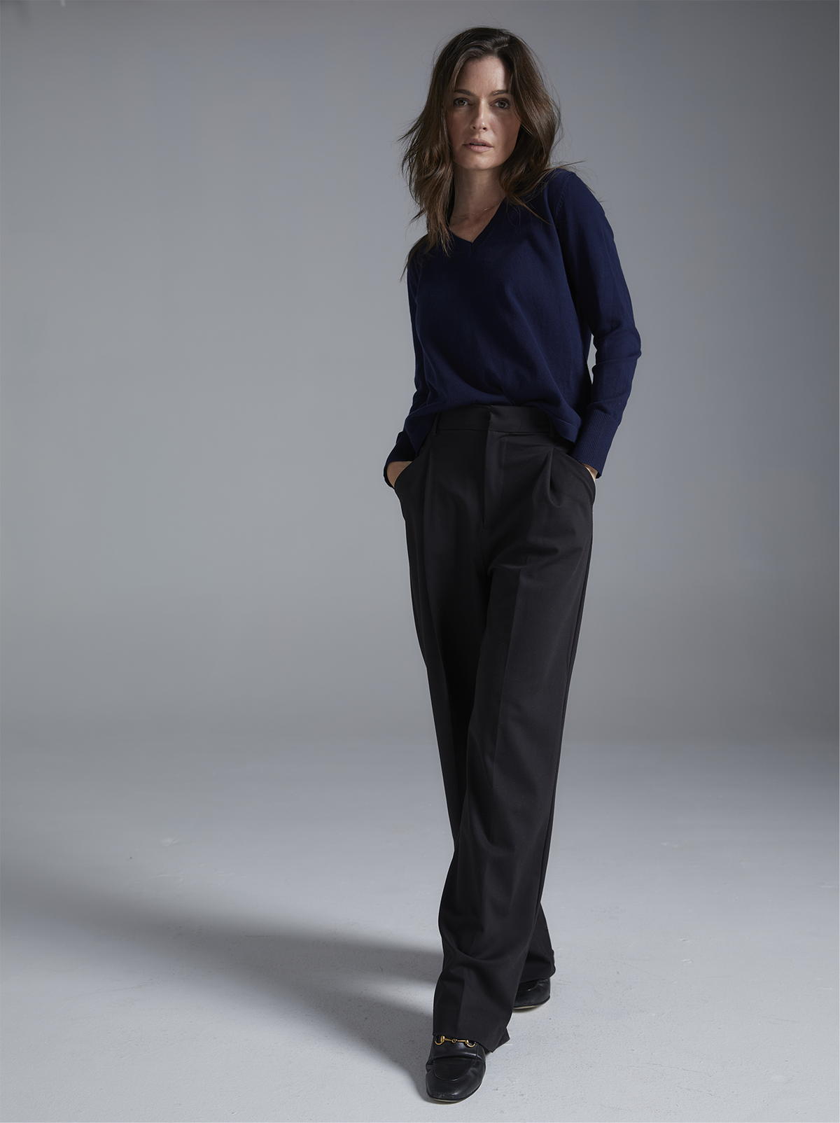 The Ellie Cotton V-Neck Sweater in navy, additional view — State of Cotton NYC