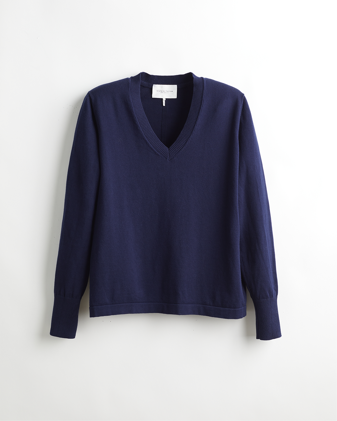 The Ellie Cotton V-Neck Sweater in navy, front view — State of Cotton NYC