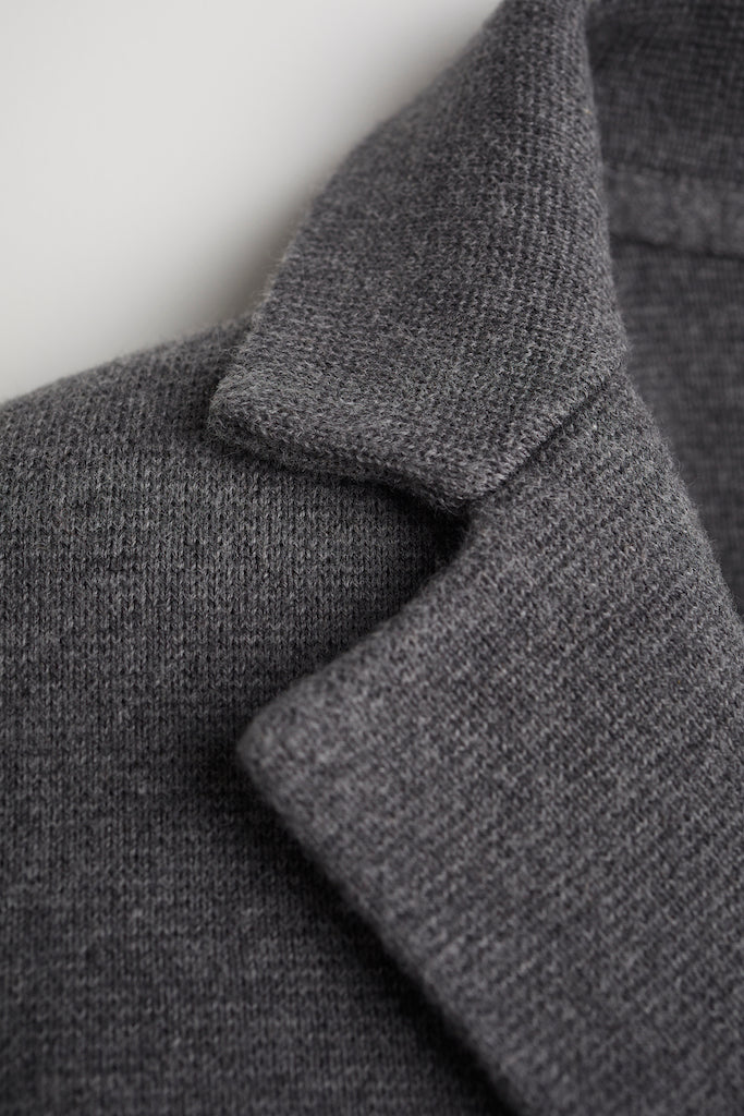 Detail shot of The Beale Cotton Cardigan Blazer in heather grey — organic American cotton