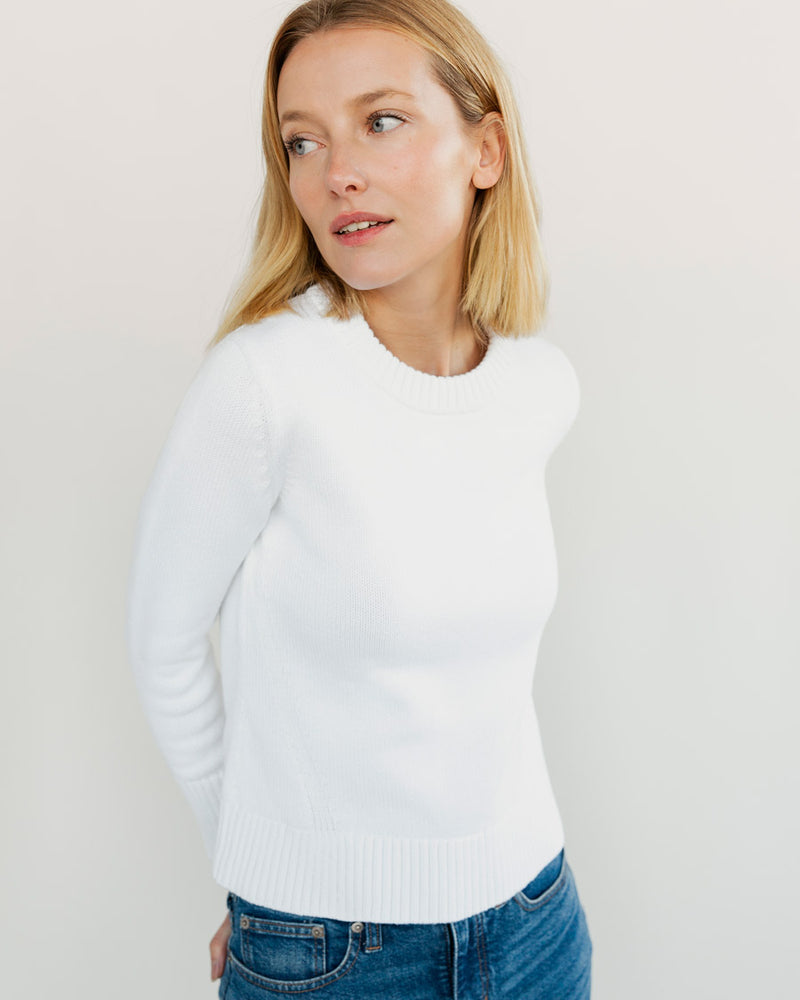 Detail shot of The Castine Cotton Crewneck Sweater in ivory — Turkish cotton, Italian-spun