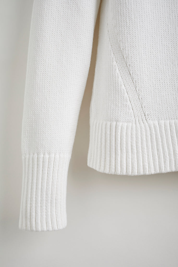 Detail shot of The Castine Cotton Crewneck Sweater in white — Turkish cotton, Italian-spun