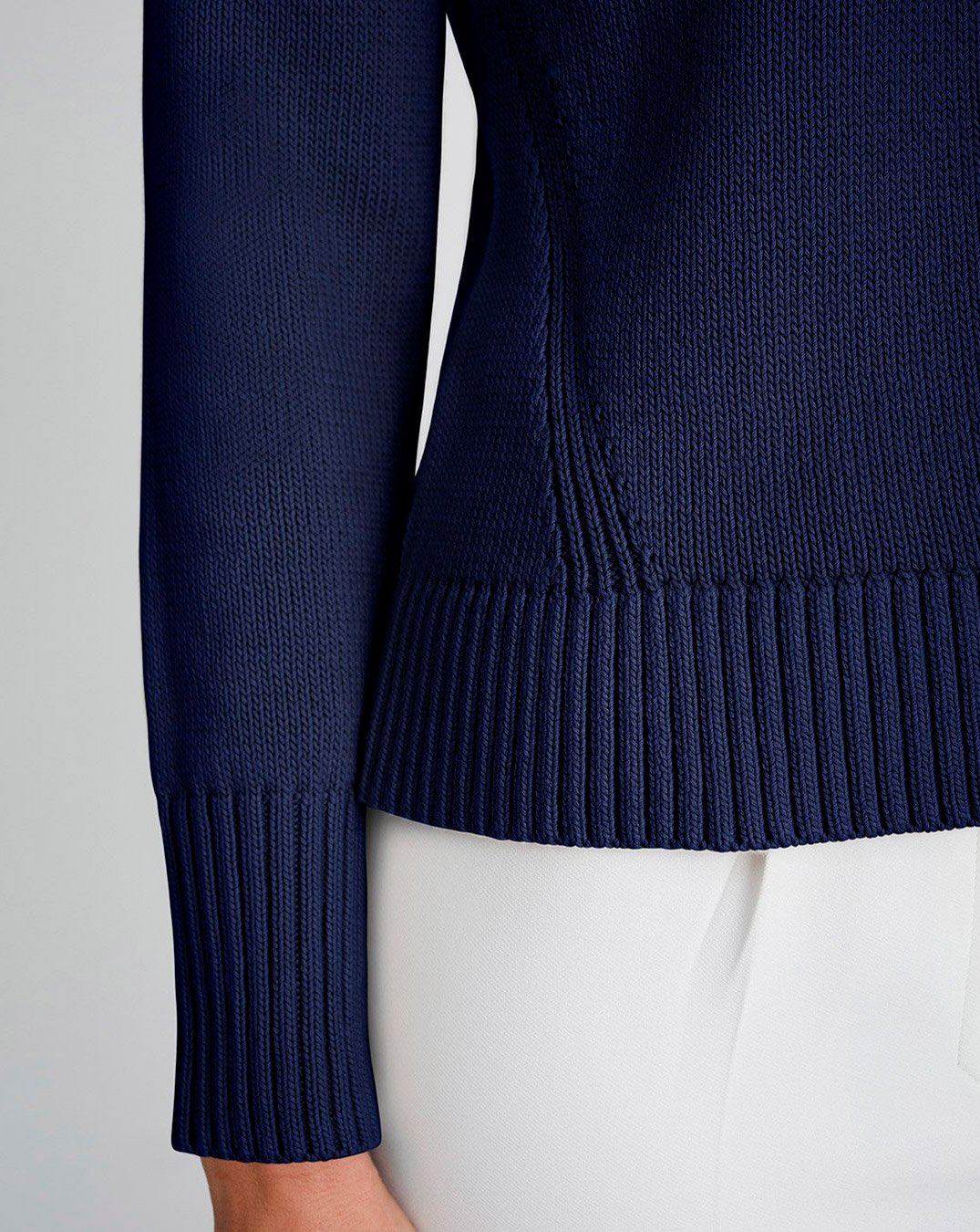 Detail shot of The Castine Cotton Crewneck Sweater in navy — Turkish cotton, Italian-spun