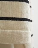 Detail shot of The Devon Stripe Cotton Crewneck Sweater in ivory and black — Egyptian cotton