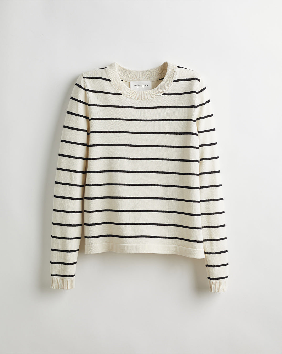 The Devon Stripe Cotton Crewneck Sweater in ivory and black, front view — State of Cotton NYC