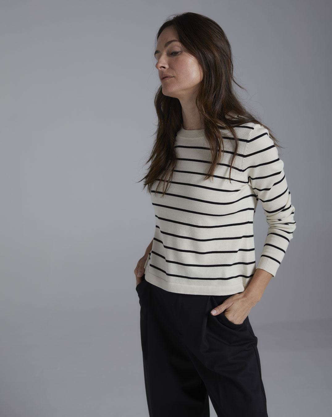 The Devon Stripe Cotton Crewneck Sweater in ivory and black — State of Cotton NYC