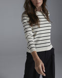 The Devon Stripe Cotton Crewneck Sweater, styled view — Egyptian cotton, Italian-spun — State of Cotton NYC