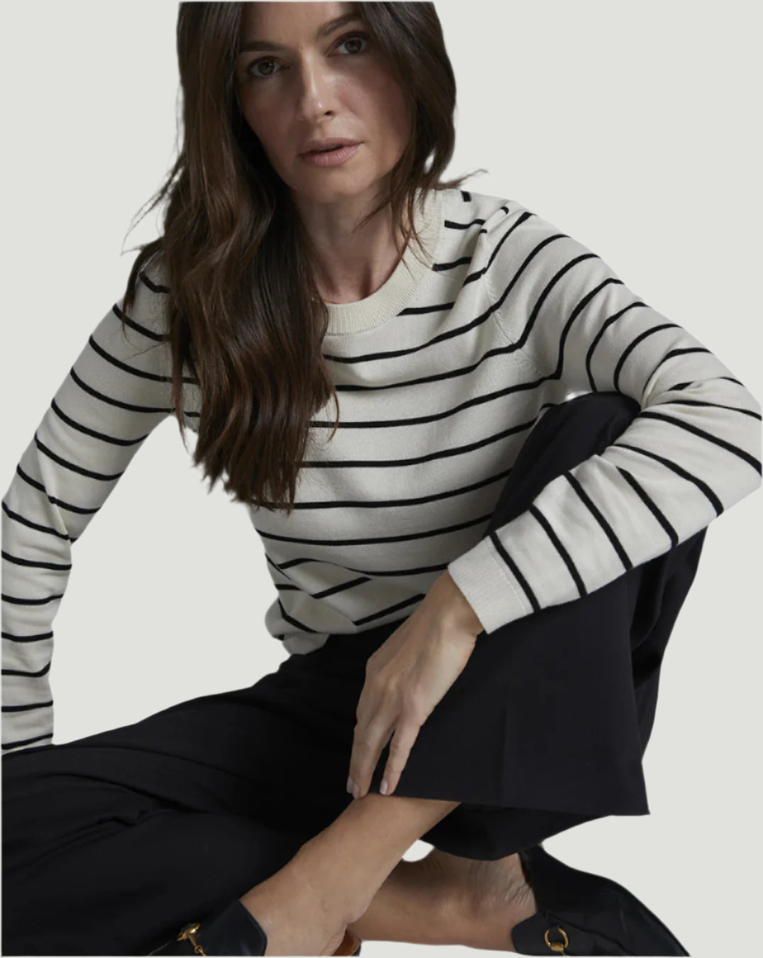 Woman wearing The Devon Stripe Cotton Crewneck Sweater — State of Cotton NYC