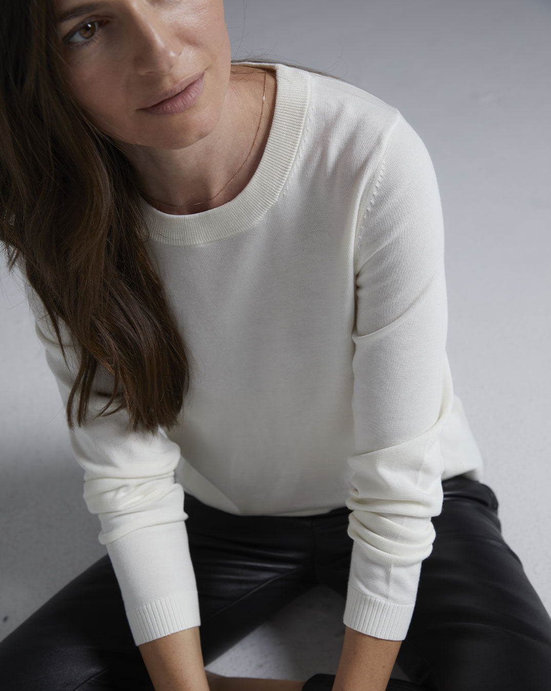 The Devon Cotton Crewneck Sweater, styled view — lightweight Egyptian cotton, Italian-spun — State of Cotton NYC
