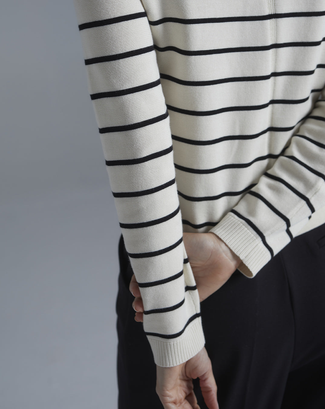 The Devon Stripe Cotton Crewneck Sweater, styled view — Egyptian cotton, Italian-spun — State of Cotton NYC