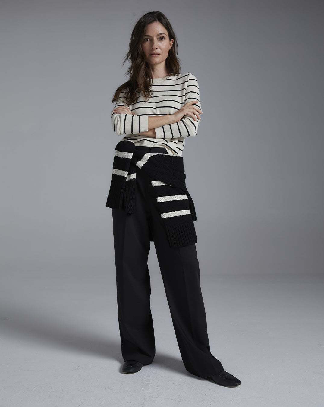 The Devon Stripe Cotton Crewneck Sweater, styled view — Egyptian cotton, Italian-spun — State of Cotton NYC