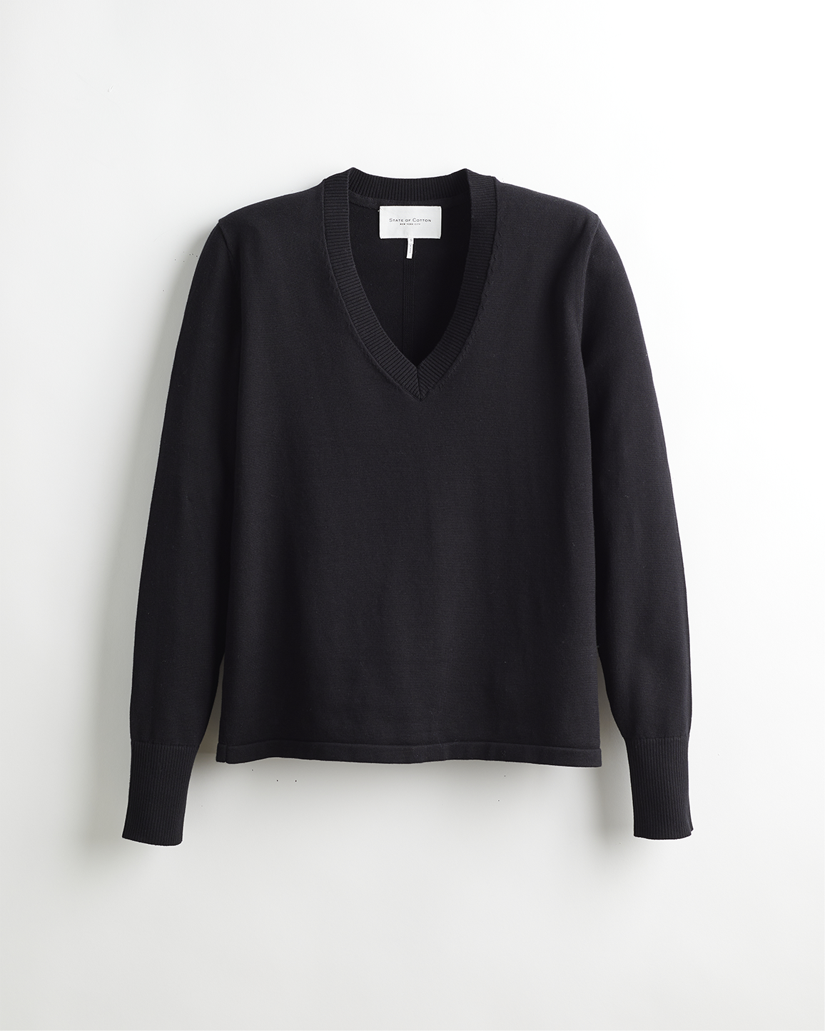 The Ellie Cotton V-Neck Sweater in black, front view — State of Cotton NYC