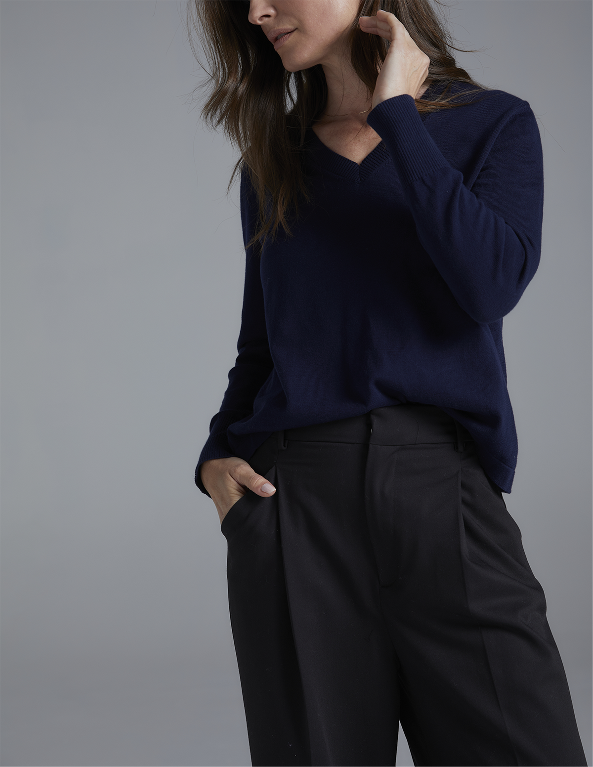 The Ellie Cotton V-Neck Sweater in navy, alternate view — State of Cotton NYC