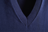 Detail shot of The Ellie Cotton V-Neck Sweater in navy — Egyptian cotton