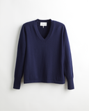 The Ellie Cotton V-Neck Sweater in navy, front view — State of Cotton NYC