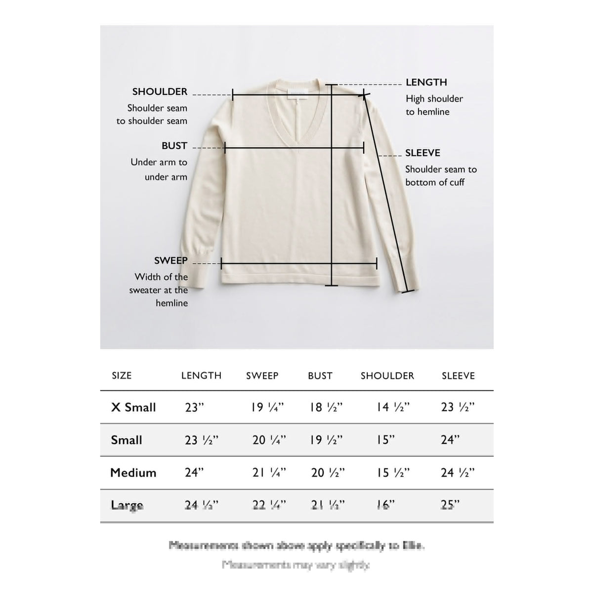 Size chart for The Ellie Cotton V-Neck Sweater — State of Cotton NYC