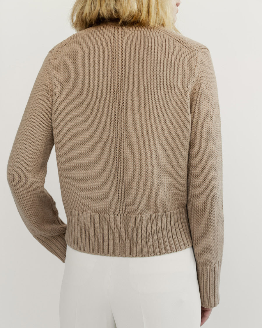 The Ellis Cotton Cardigan in camel, back view — State of Cotton NYC