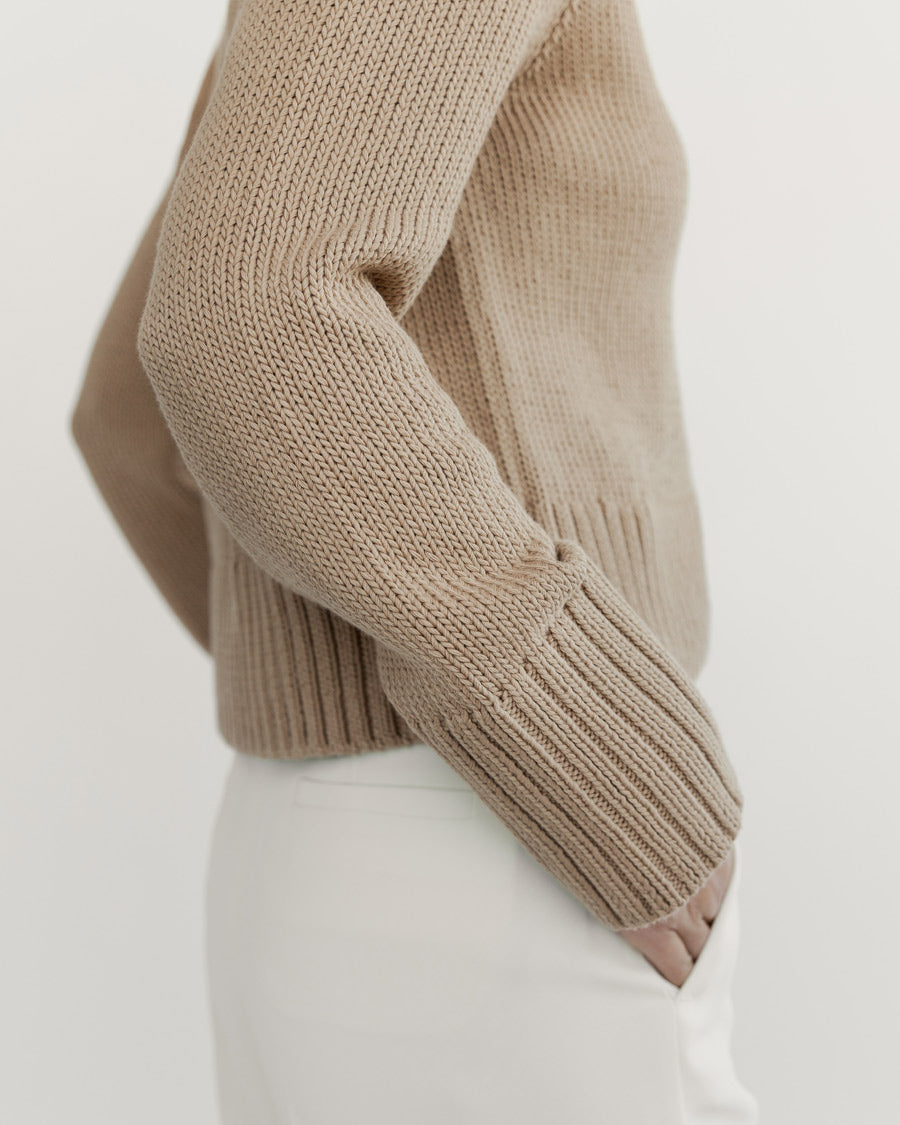 Detail shot of The Ellis Cotton Cardigan in camel — Turkish cotton