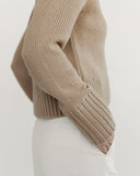 Detail shot of The Ellis Cotton Cardigan in camel — Turkish cotton