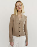 The Ellis Cotton Cardigan in camel, front view — State of Cotton NYC